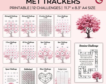 May include: Printable 12 saving challenges with trackers. Each challenge has a pink cherry blossom tree design and a grid to track progress. The challenges include saving small amounts of money, saving a certain amount each week, and saving a specific amount each month. The challenges are designed to help people save money and reach their financial goals.