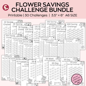 May include: A printable set of 30 flower-themed savings challenge trackers. Each tracker features a hexagonal grid with a different savings goal, such as 1£, 3£, 5£, 10£, 15£, 20£, 25£, 30£, 50£, 60£, 80£, 100£, 500£, 1000£, 2000£, 50 Envelope, 100 Envelope, 26 Week, 30 Day, and 52 Week. The trackers are designed to help people save money by tracking their progress towards their savings goals.