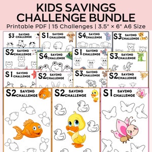 Puede incluir: Un paquete de 15 páginas para colorear imprimibles para el desafío de ahorro de los niños. Cada página presenta un animal diferente y el texto "Saving Challenge" con una cantidad en dólares. Las páginas están diseñadas para papel de 3,5" x 6" y son de tamaño A6.