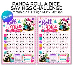 Puede incluir: Una hoja de desafío de ahorro Panda Roll A Dice en PDF imprimible con un panda de dibujos animados con un lazo rosa, iconos de dados coloridos, filas de círculos de panda para ahorrar de 1 a 6 $, un cuadro de objetivo y un frasco azul.