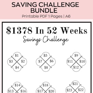A6 25-Wochen-Spar-Challenge, Mini-Spar-Challenge, Sparen Sie 1378 In 52 Wochen, Low-Budget-Planer, Sparen Sie druckbare Tracker, passend für A6-Cash-Umschlag