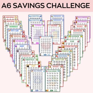 May include: A set of 25 printable A6 savings challenge cards. Each card features a different savings goal, such as housing, clothing, utilities, and vacation. The cards are designed to help people save money for specific goals.