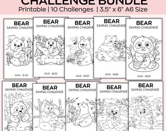 Sfide di risparmio con l'orso in formato A6, fogli da colorare per il risparmio, risparmio con Winnie the Pooh, accumulo di contanti, raccoglitore per il budget, pianificatore finanziario, tracker del denaro