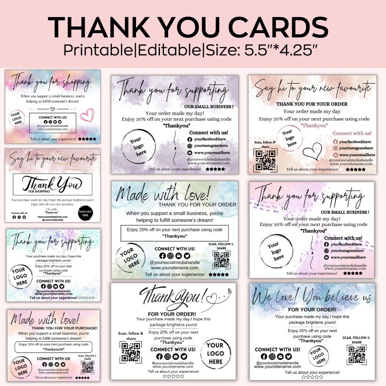 Pode incluir: Conjunto de oito cart&otilde;es de agradecimento imprim&iacute;veis para pequenas empresas. Os cart&otilde;es apresentam fundos de aquarela em tons de rosa, roxo e azul com uma variedade de designs. Cada cart&atilde;o inclui um espa&ccedil;o para um logotipo, uma mensagem de agradecimento e um chamado &agrave; a&ccedil;&atilde;o para conectar-se com a empresa nas redes sociais. Os cart&otilde;es medem 5,5 polegadas por 4,25 polegadas.