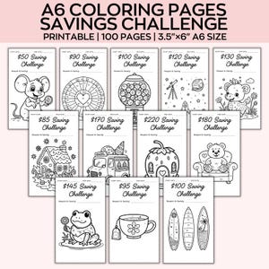 Könnte beinhalten: Schwarz-Weiß-Ausdrucke im A6-Format zum Ausmalen mit dem Thema Spar-Challenge. Jede Seite zeigt ein anderes Design, darunter eine Maus, eine Kaugummiautomat und ein Teddybär. Der Text auf den Seiten lautet "A6 Coloring Pages Savings Challenge".