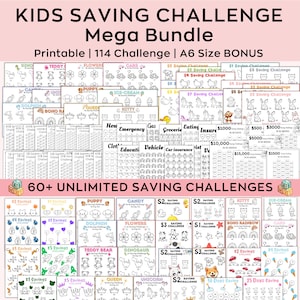 Pacchetto Ultimate Kids Savings Challenge, Mega A6 Flower Saving Challenge stampabile, Risparmio di denaro per bambini, Pianificatore di risparmio divertente, Set di 114