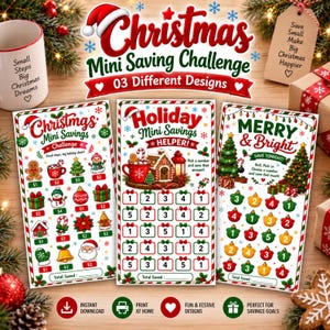 May include: Three rectangular Christmas mini saving challenge cards with festive graphics. The first features icons with currency amounts, the second a grid of numbers, and the third numbered ornaments. Each card includes a total saved line at the bottom.