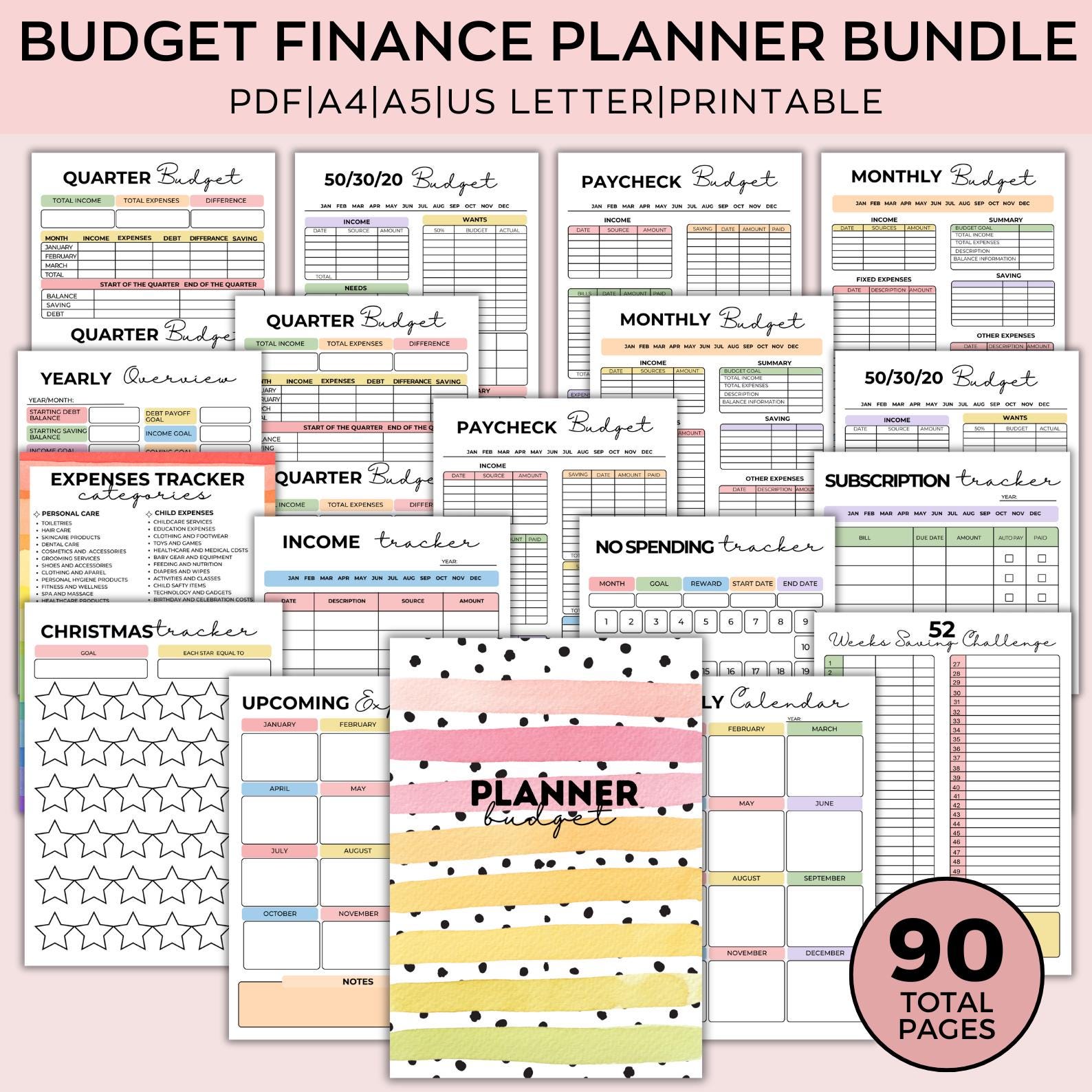 Rainbow Budget Finance Planner Bundle Printable, Digital finance journal, finance planner bundle pdf book, budget planner binder