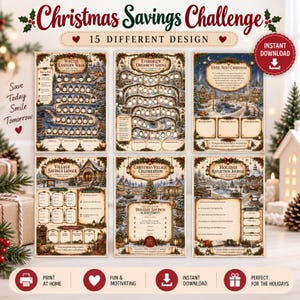 Peut inclure: Un ensemble de six feuilles de défi d'épargne de Noël imprimables avec des illustrations de village d'hiver de style vintage, des suivis d'épargne et des journaux. Le texte inclut des titres comme Winter Lantern Walk, Village Savings Ledger et Holiday Reflection Journal.