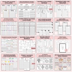 May include: A collage of printable savings challenge worksheets in black and white. The worksheets include various challenges, such as envelope savings, mini savings, every Friday savings, flower savings, floral savings, 12-month savings tracker, penny savings, ultimate savings challenges, and Halloween savings. The worksheets are designed to help people save money.