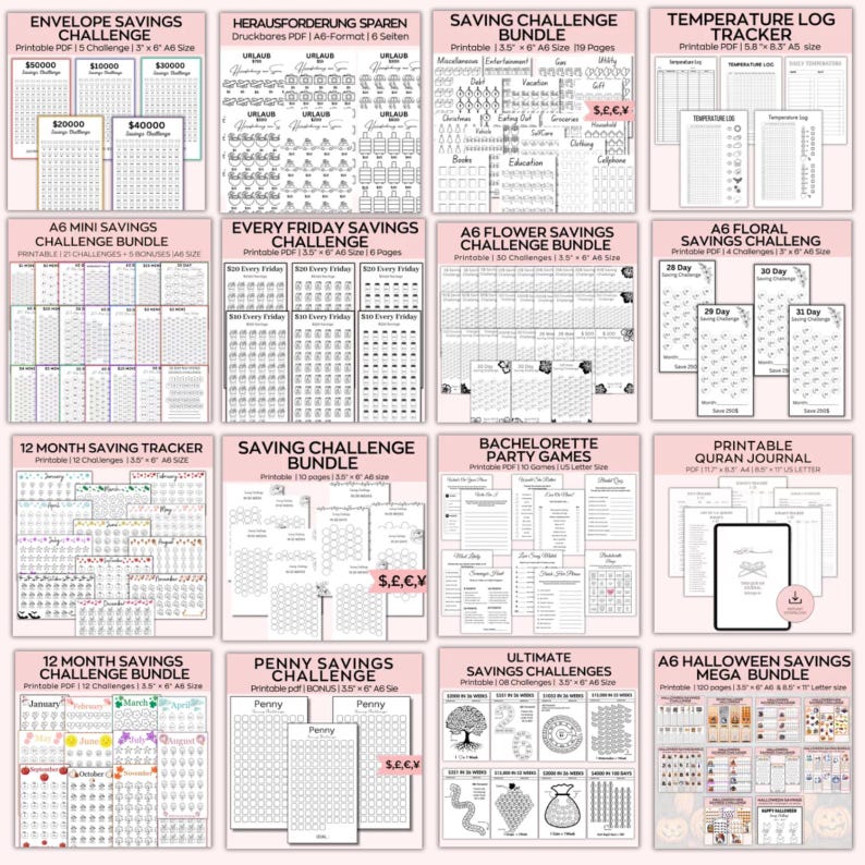 May include: A collage of printable savings challenge worksheets in black and white. The worksheets include various challenges, such as envelope savings, mini savings, every Friday savings, flower savings, floral savings, 12-month savings tracker, penny savings, ultimate savings challenges, and Halloween savings. The worksheets are designed to help people save money.