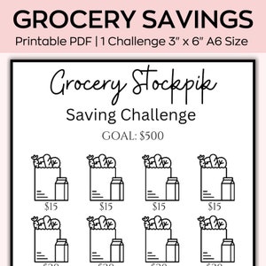 May include: A printable grocery savings challenge tracker with a goal of $500. The tracker has eight sections, each representing a week, with a grocery bag icon and a dollar amount for each week. The amounts are $15 for the first four weeks and $20 for the last four weeks.