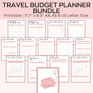 May include: A printable travel budget planner bundle with a pink and white color scheme. The bundle includes pages for a weekly itinerary, daily itinerary, accommodation research, activity research, accommodation details, transportation details, activity details, travel expenses tracker, budget overview, count down calendar, trip overview, and packing list. The pages are decorated with a floral design.