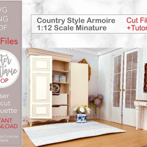 Armoire miniature de style country - Fichiers de coupe SVG + instructions PDF - Pour Cricut, Silhouette, Laser - Pour toutes les tailles de boîte de chambre de maison de poupée