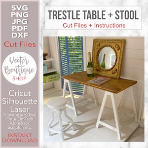 Tavolo e sgabello a cavalletto per casa delle bambole - File di taglio SVG + istruzioni PDF - Per Cricut, Silhouette, Laser - Per qualsiasi dimensione di roombox per casa delle bambole