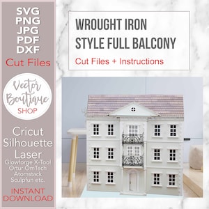Historic Dollhouse Balcony – Wrought Iron Style Full – SVG PDF PNG cut files for Cricut, Silhouette Laser Glowforge X-Tool Ortur ao
