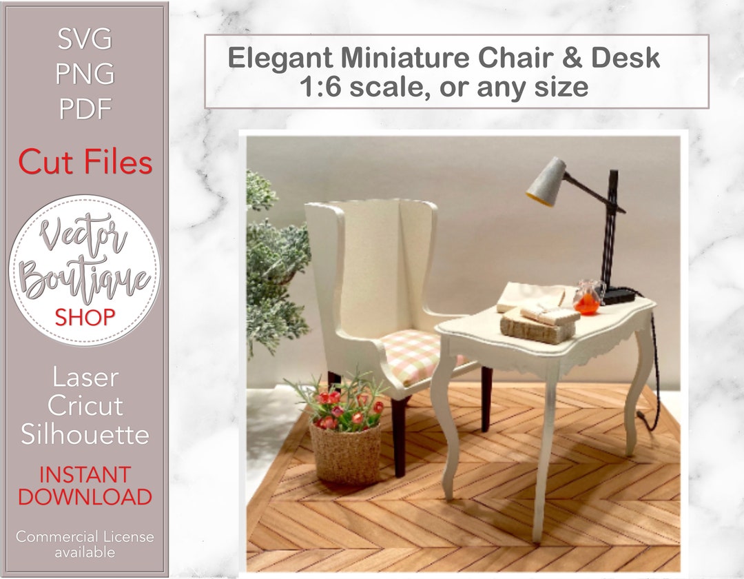 Dollhouse Miniature Desk & Chair SVG Cut Files Instructions PDF for