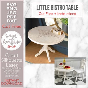 Little Breakfast Bistro Dollhouse Table - File di taglio SVG + istruzioni PDF - Per Cricut, Silhouette, Laser - Per qualsiasi dimensione di roombox per case delle bambole