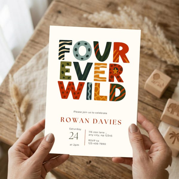 Four Ever Wild Birthday Invitation Template - Safari 4th Birthday Invite for Boys - Editable Canva Download - Jungle Animal Print