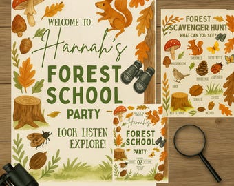 May include: A set of forest-themed party invitations and a scavenger hunt card. The main invitation features a squirrel, mushrooms, and the text "Welcome to Hannah's Forest School Party." Additional elements include a magnifying glass and binoculars.