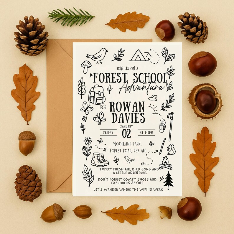 Editable Doodle Forest School Invitation Template Canva • Nature Trail ...