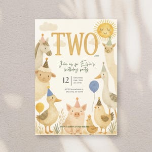 May include: Watercolor birthday invitation featuring farm animals, a smiling sun, and the word "TWO". The invitation includes details for Elsie's birthday party: date, time, and location. RSVP information is also provided.