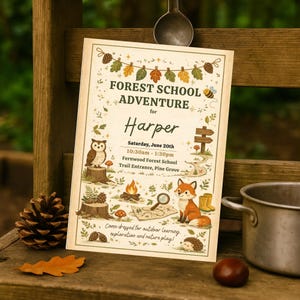 Digital inbjudan till skogsskolaäventyr | Inbjudan till barnens naturfest | Utomhuslärande och utforskning | Design av miljövänlig skogsfest