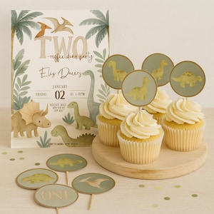 Dinosaur Cupcake Toppers: Editable PNG & SVG, Dino Party Decorations (Digital Download) Ages 1-3