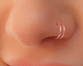 Tiny Rose Gold Double Hoop Nose Ring - Spiral Nose Ring 20 Gauge Snug Double Nose Piercing - Thin Nose Piercings Hoops