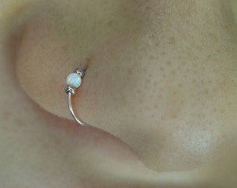 Fake Clip-On Nose Ring - Cute Tiny White Opal Hoop - Handmde Thin 24 gauge Silver Piercing - No Piercing Needed - Faux Nose Ring