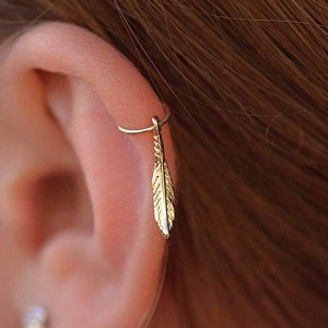 Tiny Handmade Feather Charm Cartilage Helix Piercing Hoop - 20g Gold Filled Helix Ring with a Dangle Leaf Charm