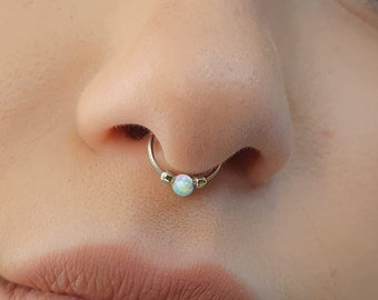 Anello senza piercing bianco opale finto setto - Argento Sterling Falso Setto Hoop Piercing - Clip su Septum Anello naso