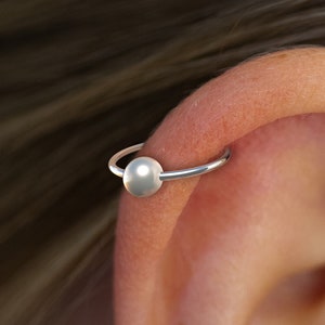 Tiny Pearl Hoop Earring - Handmade 8mm 22G Cartilage Helix Ring - 3mm White Pearl Piercing - Thin Silver Snug Jewelry