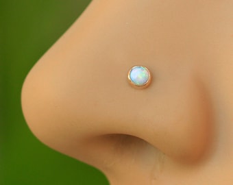 White Opal Nose Stud - 3mm Opal piercing nose stud 22 gauge - Tiny Handmade 14k Gold Filled Piercings Nose Rings L Shape