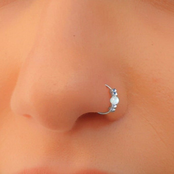 Thin and Delicate Clip on Faux Nose Hoop - White Opal Fake Nose Ring - 925 Sterling Silver