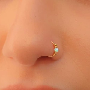 Opal Nose Ring - Thin 14k Gold Filled Tiny White Opal Nose piercing Hoop - 2 mm White Opal piercing Nose Hoop