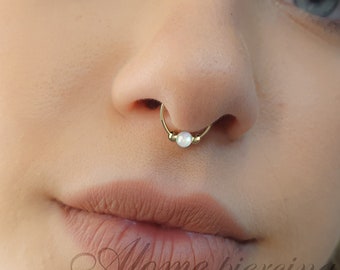 Clip On Fake Septum Piercing - Gold Filled White Opal Faux Septum - Fake Septum Ring jewelry - False Septum Piercing
