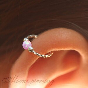Cartilage Helix Earring Hoop - 20G Sterling Silver Helix Piercing Ear Ring - Pink opal cartilage earring - Silver Cartilage Hoop