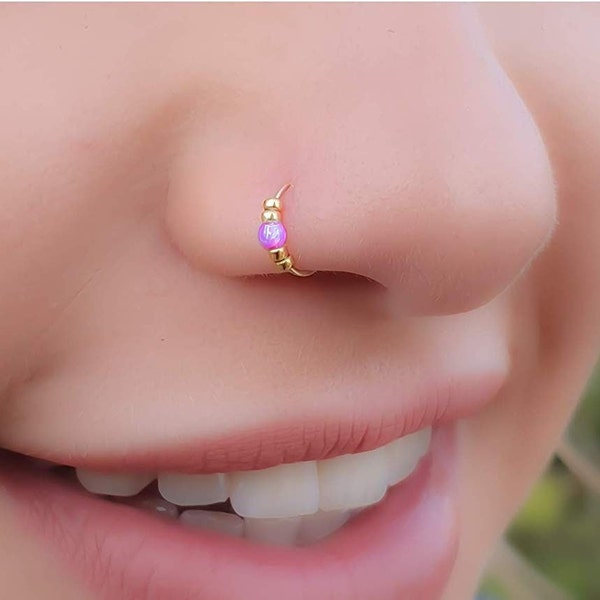 Tiny Pink Opal Nose Piercing Ring - 14k Gold Filled 7mm Hoop