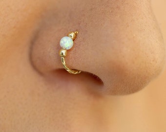 Tiny Opal Fake Nose Ring - Handmade 14k Gold Filled False Nose Ring  - No Piercing Needed - Thin 20 gauge Clip on Faux Nose Hoop Piercing