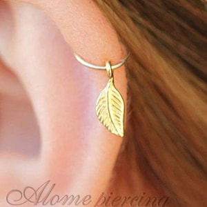 Tiny Leaf Charm Cartilage Helix Piercing Hoop - 20g Gold Filled Helix Ring with a Dangle Leaf Charm