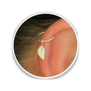Tiny Leaf Charm Cartilage Helix Piercing Hoop - 20g Sterling Silver Helix Ring with a Dangle Leaf Charm
