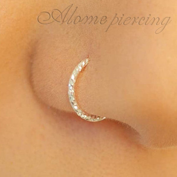Faux Clip-On Nose Ring 20g - Thin 925 Silver - No Piercing Needed - Fake Nose Hoop Hammered