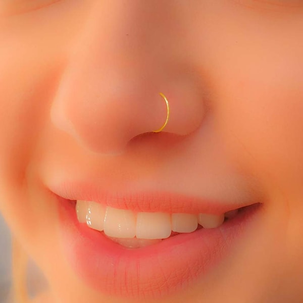 Fake Clip On Nose Ring 24g - No Piercing Needed - Smooth Tiny 14K Gold Filled Fake Nose Piercing