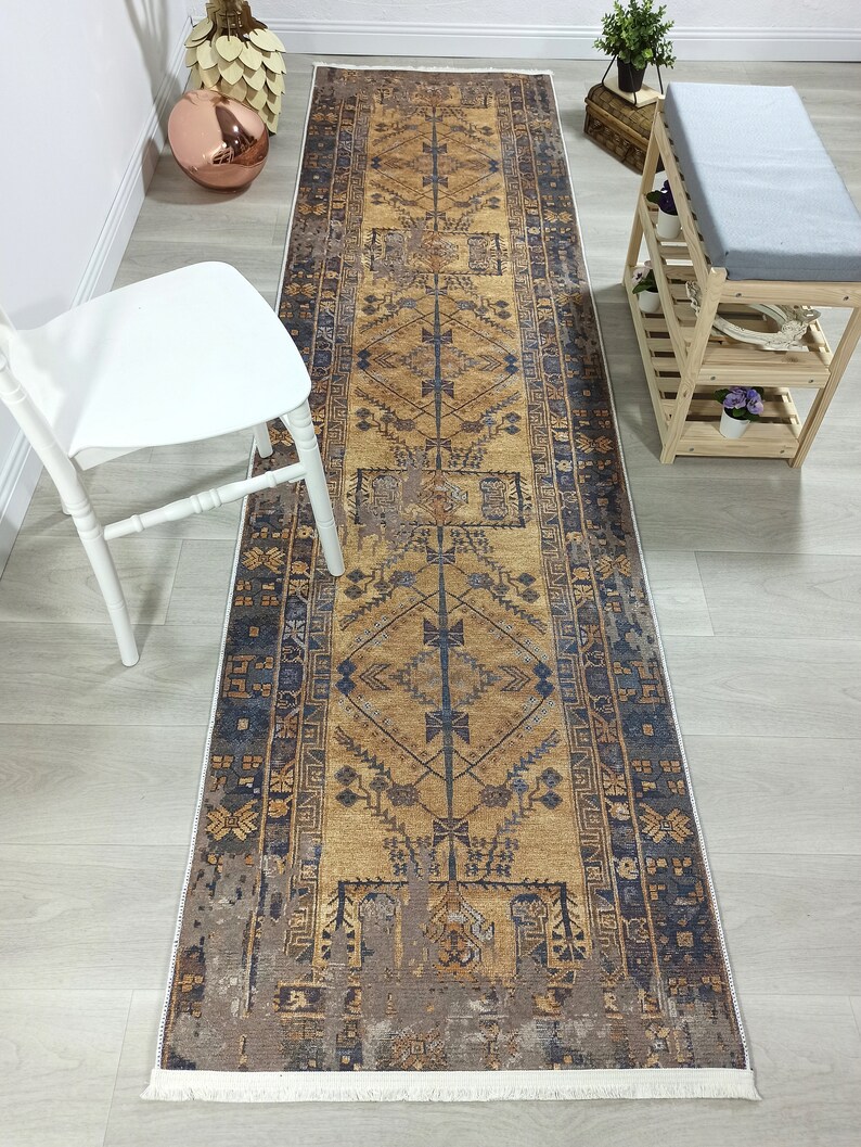 Antique Beige Style Runner Rug Gold Brown Hallway Turkish Etsy