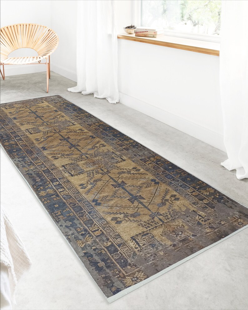 Antique Beige Style Runner Rug Gold Brown Hallway Turkish Etsy