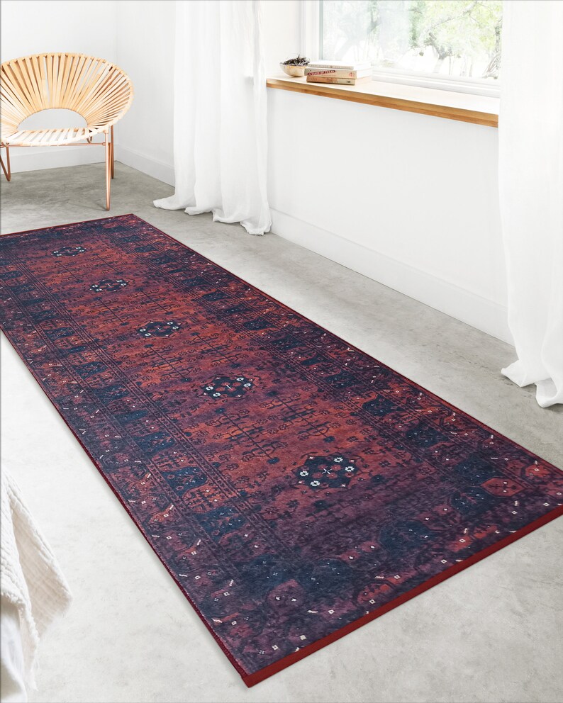 Burgundy Red Vintage Runner Rug Navy Blue Antique Oriental Etsy