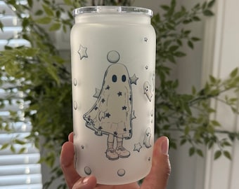 Halloween Ghost 16oz Frosted Glass Mug, Iced Coffee Lover Cup