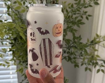 Summerween Frosted Glass Can Mug, Spooky Halloween Tumbler