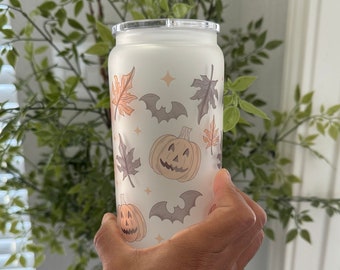 Falloween Iced Coffee Glass Can, Spooky Season Drinkware (16oz)